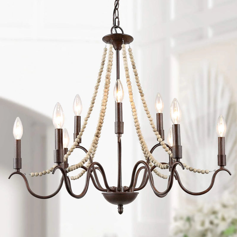 LALUZ Farmhouse Chandelier for Dining Room, 9-Light Rustic Chandelier with Wood Bead Strings, Bronze Metal Arms, 28” L X 25.5” H Home & Garden > Lighting > Lighting Fixtures > Chandeliers LALUZ   