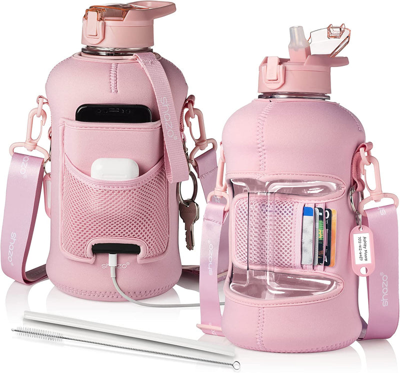 Half Gallon 2.2L Sports Water Bottle with Straw and Built in Wallet 74Oz Large Gym Drink Container, Storage Sleeve, Bottle Brush, Phone Pocket - BPA Free Big Jug, Carry Handle Aesthetic Look - Black Sporting Goods > Outdoor Recreation > Winter Sports & Activities Shazo Kitchen Pink  
