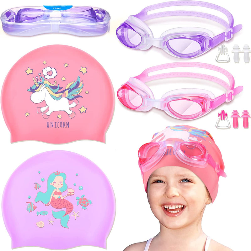8 Pieces Silicone Swim Caps for Kids Girls Cute Unicorn Mermaid Swimming Caps Age 2-14 with Goggles Ear Plug Nose Clip Unisex Bathing Cap for Long and Short Hair Children Boys Girls Toddler Sporting Goods > Outdoor Recreation > Boating & Water Sports > Swimming > Swim Caps Zhanmai   