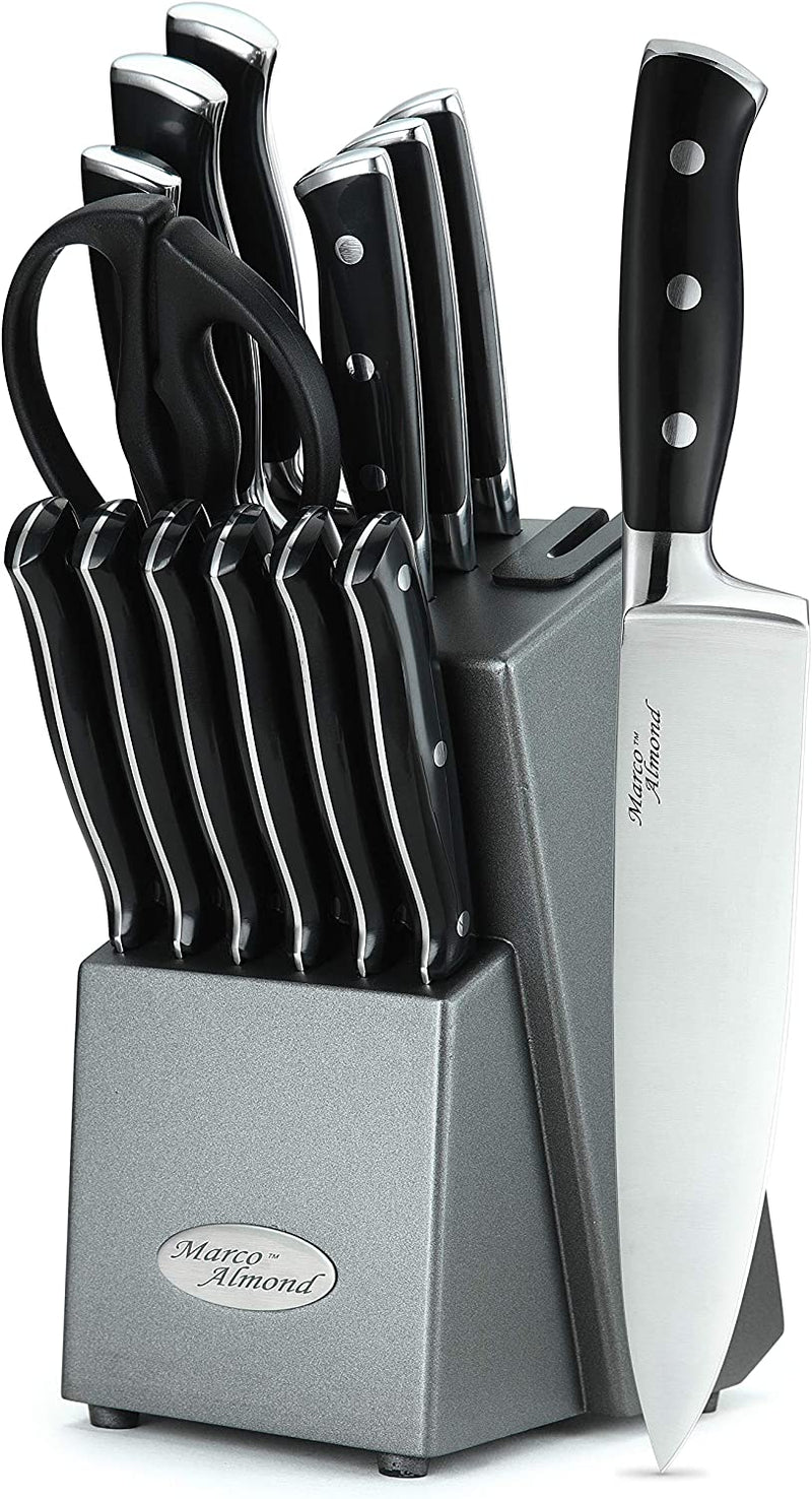 Kitchen Knife Set-Marco Almond® KYA31 Japanese Knife Set, 14 Pieces Cutlery Set Kitchen Knife Block Sets with Built-In Sharpener, Full Tang Knife Sets for Kitchen with Block