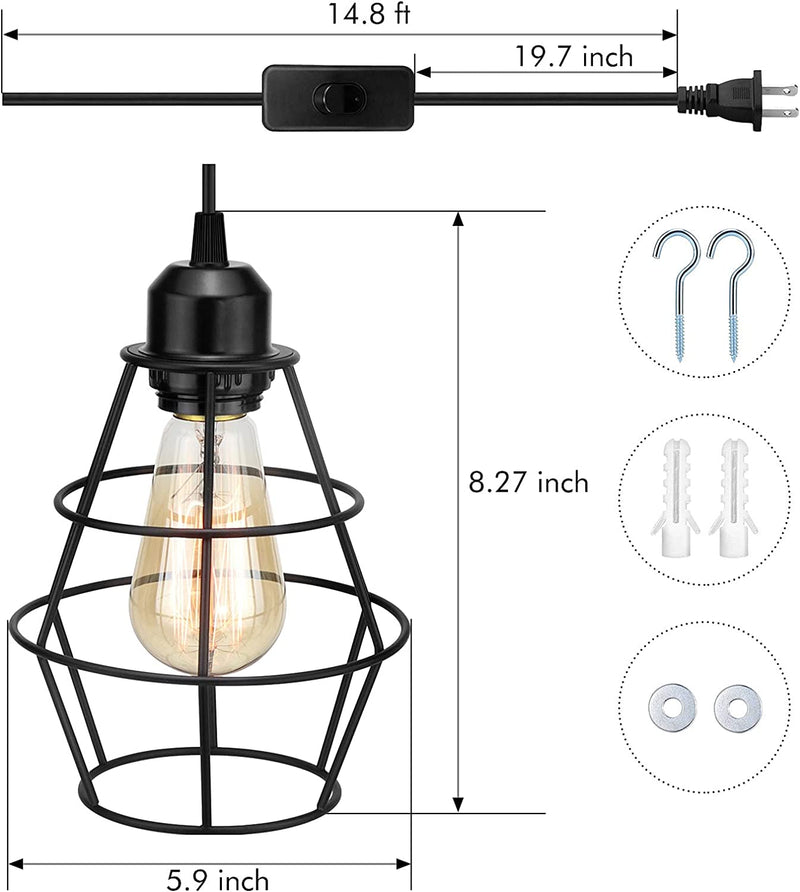 Industrial Plug in Pendant Light, Black Farmhouse Cage Pendant Light Fixture with On/Off Switch, Vintage Hanging Lights with Plug in Cord, E26 Pendant Lighting for Kitchen Living Room Dining Room Home & Garden > Lighting > Lighting Fixtures AEOREAL   