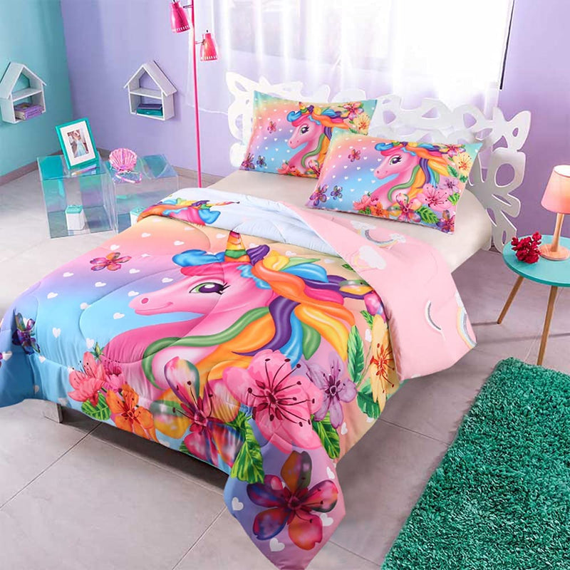 Oecpkd Cute Unicorn Comforter Sets 3Pc Pink Flower Girl Colorful Unicorn Bedding Sets Soft Girls Unicorn Rainbow Comforter Sets Home & Garden > Linens & Bedding > Bedding Oecpkd   
