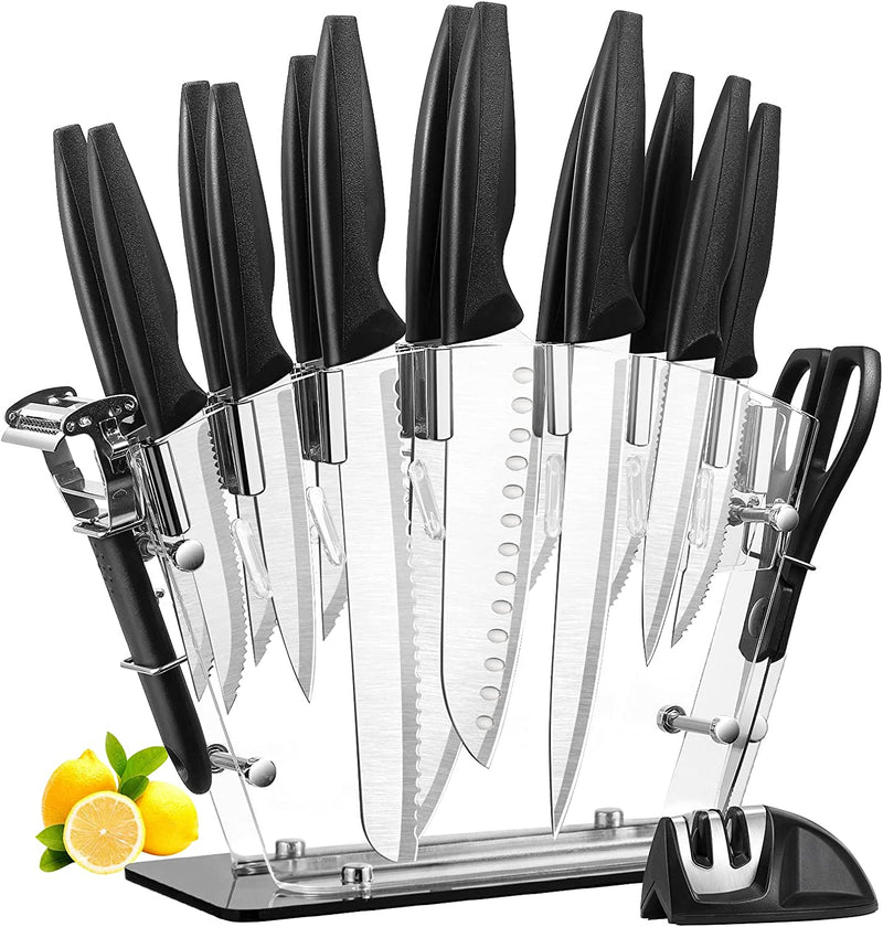Kitchen Knife Set, GMFINE 17-Piece High Carbon Stainless Steel Knife Set with Acrylic Stand, Scissors, Peeler, Knife Sharpener and 13 Knives, Black Home & Garden > Kitchen & Dining > Kitchen Tools & Utensils > Kitchen Knives GMFINE Silver w/ Acrylic Base  