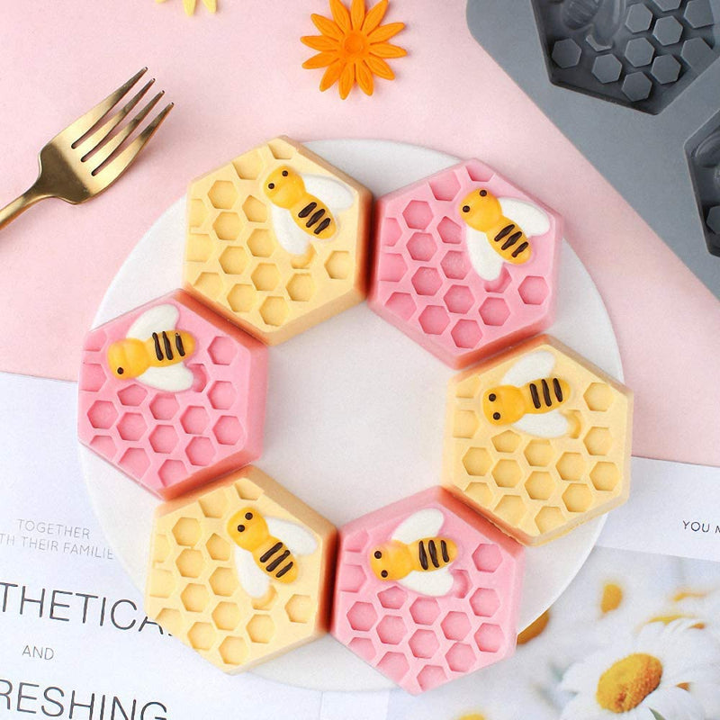 Set of 2 Bee Honeycomb Soap Molds, 3D Hexagon & round Beehive Silicone Cupcake Cups Muffin Baking Pan, Homemade DIY Making Cake Mousse Jelly Candy Chocolate Mould Homemade Craft Bee Ice Cube Tray