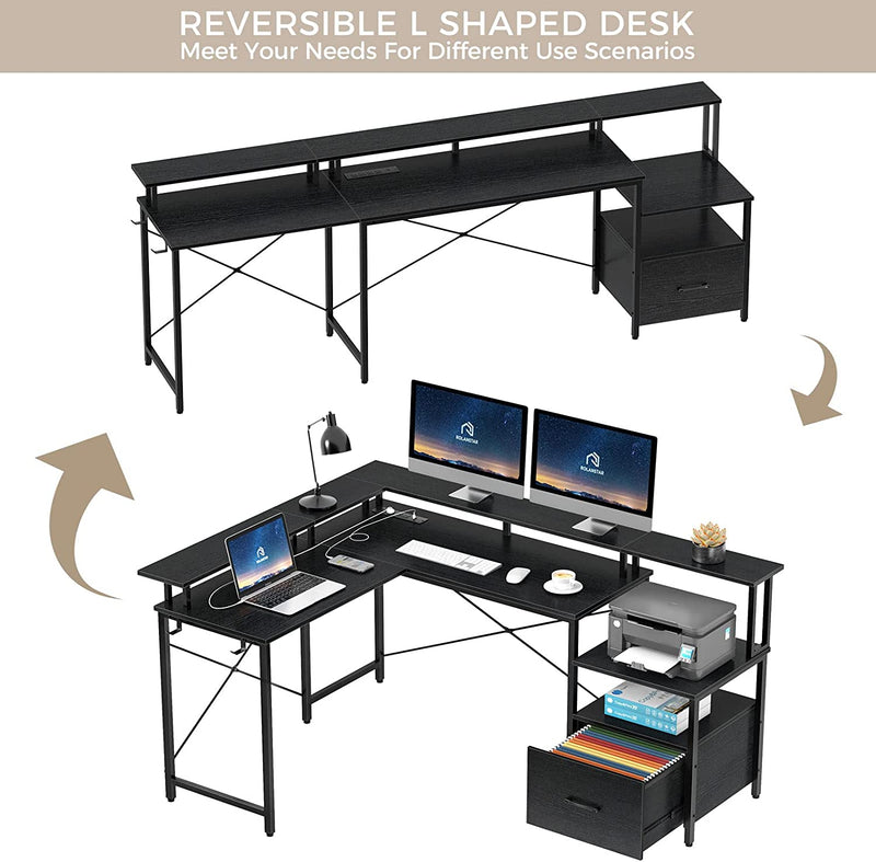 Rolanstar Computer Desk with Power Outlet & LED Strip and File Drawer, 66" Reversible L Shaped Computer Corner Desk with Printer Cabinet and Monitor Shelf, Modern Home Office Desk, Writing Desk,Black Home & Garden > Household Supplies > Storage & Organization Rolanstar   