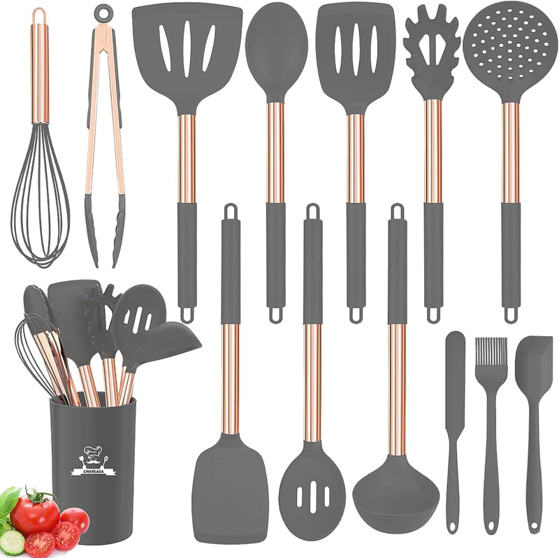 Silicone Cooking Utensil Set, 14Pcs Kitchen Utensils Set Non-Stick Heat Resistant Cookware Copper Stainless Steel Handle Cooking Tools Turner Tongs Spatula Spoon - BPA Free, Non Toxic Home & Garden > Kitchen & Dining > Kitchen Tools & Utensils CHAREADA Light Gray  