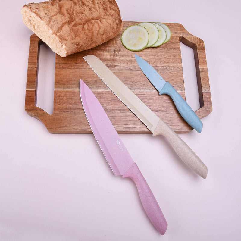 Colorful Knife Set for 6 Pieces, High Carbon Steel Kitchen Knife Set, Environmental Wheat Straw Material Handle, Sharp All-Purpose Professional Chef Knife with Gift Box YIPFUNG