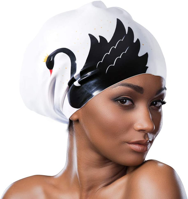 COPOZZ Extra Large Swim Cap, Designed for Long Hair Braids Dreadlocks Weaves Hair Extensions Curls & Afros, Silicone Bathing Cap Swimming Hat for Women Men Sporting Goods > Outdoor Recreation > Boating & Water Sports > Swimming > Swim Caps COPOZZ Black Swan  