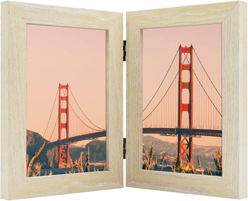 Frametory, 5X7 Hinged Picture Frame Displays 2 Photos, Double Frames with Glass, Side by Side Stands Vertically on Tabletop (Black) Home & Garden > Decor > Picture Frames Frametory Beige 5x7 (1-Pack) 