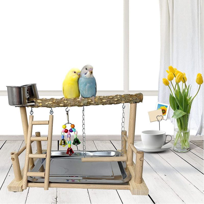 Kathson Parrots Playground Bird Perch Wood Playstand Stand with Ladder Swing Feeder Cups Chew Toy for Parakeet Conure Cockatiel Budgie Lovebird Finch Small Birds Animals & Pet Supplies > Pet Supplies > Bird Supplies kathson   