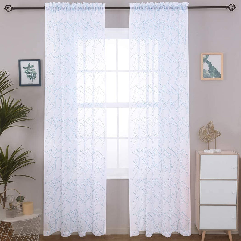 Embroidery Blue Sheer Curtains 84 Inches Long, Geometric Rod Pocket Sheer Drapes for Living Room, Bedroom, 2 Panels, 52"X84", Semi Voile Window Treatments for Yard, Patio, Villa, Parlor. Home & Garden > Decor > Window Treatments > Curtains & Drapes MYSTIC-HOME Blue 52"Wx95"L 