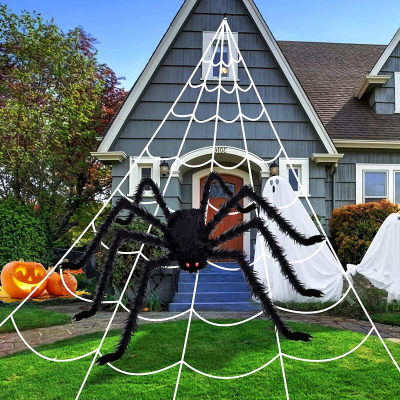 KUCHEY Halloween Decorations Outdoor 200'' Triangular Spider Web+47'' Giant Fake Spiders, Halloween Decor Indoor Clearance for Home outside Yard Costumes Party Haunted House Garden Lawn  HOKOO   