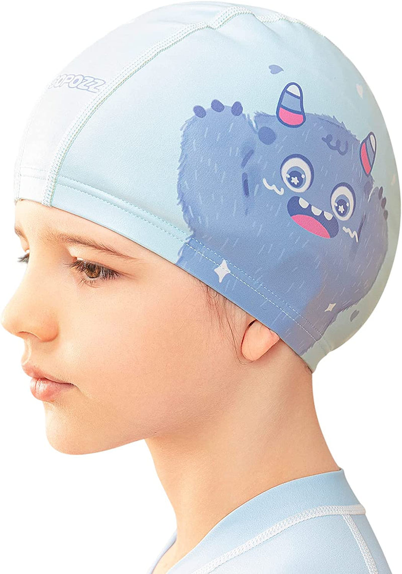 COPOZZ Swim Caps for Girls Boys, Quick Dry Fabric Kids Swimming Cap for Long and Short Hair, Spandex Swim Hats with High Elasticity for Age 5-12 Toddler Child Youth Sporting Goods > Outdoor Recreation > Boating & Water Sports > Swimming > Swim Caps COPOZZ Blue-Monster  