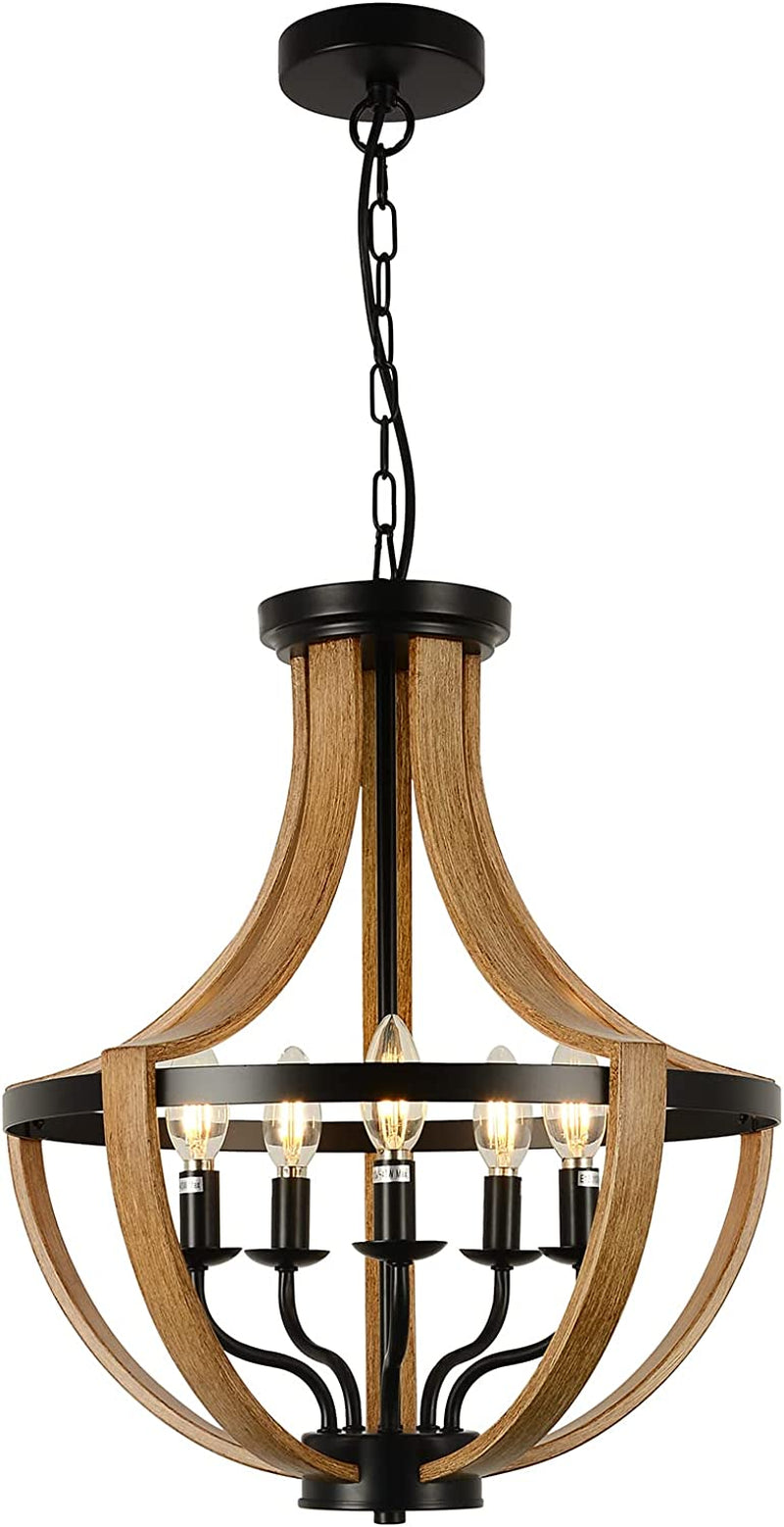 LAMSU 17.7" Farmhouse Chandelier Light Fixtures Included LED Bulbs, 5-Light Modern Chandeliers for Dining Room Kitchen Island Living Bedrooms Foyer Hallway, Height Adjustable Lamp, Faux Wood Finish Home & Garden > Lighting > Lighting Fixtures > Chandeliers LAMSU   