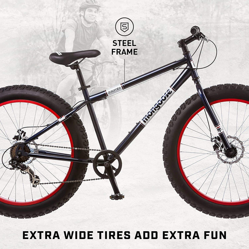 Mongoose Dolomite Mens Fat Tire Mountain Bike, 26-Inch Wheels, 4-Inch Wide Knobby Tires, 7-Speed, Steel Frame, Front and Rear Brakes, Multiple Colors