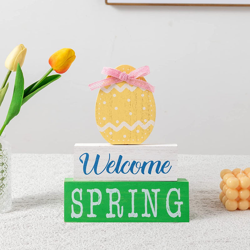 Hogardeck Easter Decorations for Home, Three-Layer Wood Sign Welcome Spring Wooden Block Set with Bow Farmhouse Table Centerpiece Eggs Easter Spring Decor for Tabletop Fireplace Tiered Tray Party Home & Garden > Decor > Seasonal & Holiday Decorations hogardeck   