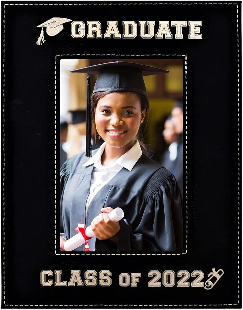 GIFT for GRADUATE - CLASS of 2022 PICTURE FRAME – an Elegant Black Leatherette Frame Engraves in a Beautiful Gold - Special Display for Graduation Portrait Glass Photo Frame Engraved Gold ((8X10-2022)) Home & Garden > Decor > Picture Frames GK Grand Personal-Touch Premium Creations (4x6-2022)  