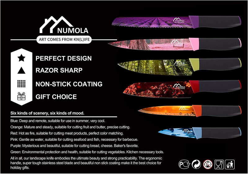 Numola Colorful Kitchen Knife Set with Gift Box, Stainless Steel Chef Knife Set with Ergonomic Handle, 6 Piece Colored Cooking Knives with Landscape Coating Gifts for Couple Chefs Home & Garden > Kitchen & Dining > Kitchen Tools & Utensils > Kitchen Knives Numola   