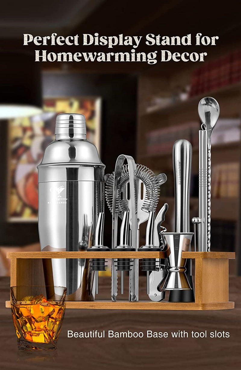KITESSENSU Cocktail Shaker Set Bartender Kit with Stand | Bar Set Drink Mixer Set with All Essential Bar Accessory Tools: Martini Shaker, Jigger, Strainer, Mixer Spoon, Muddler, Liquor Pourers |Silver