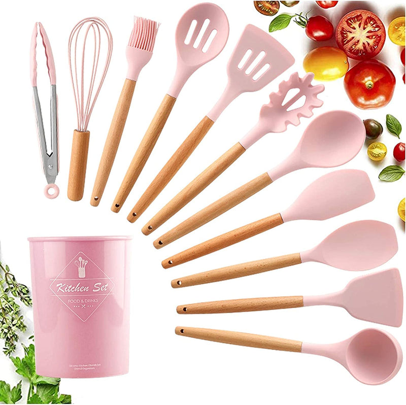 MYWAYCOOK Silicone Cooking Utensil Set, 12 Pcs Non-Stick Silicone Cooking Kitchen Utensils Spatula Set with Holder Wooden Handles Tongs Spoon Kitchen Gadgets Tools for Nonstick Cookware (Pink) Home & Garden > Kitchen & Dining > Kitchen Tools & Utensils MYWAYCOOK   