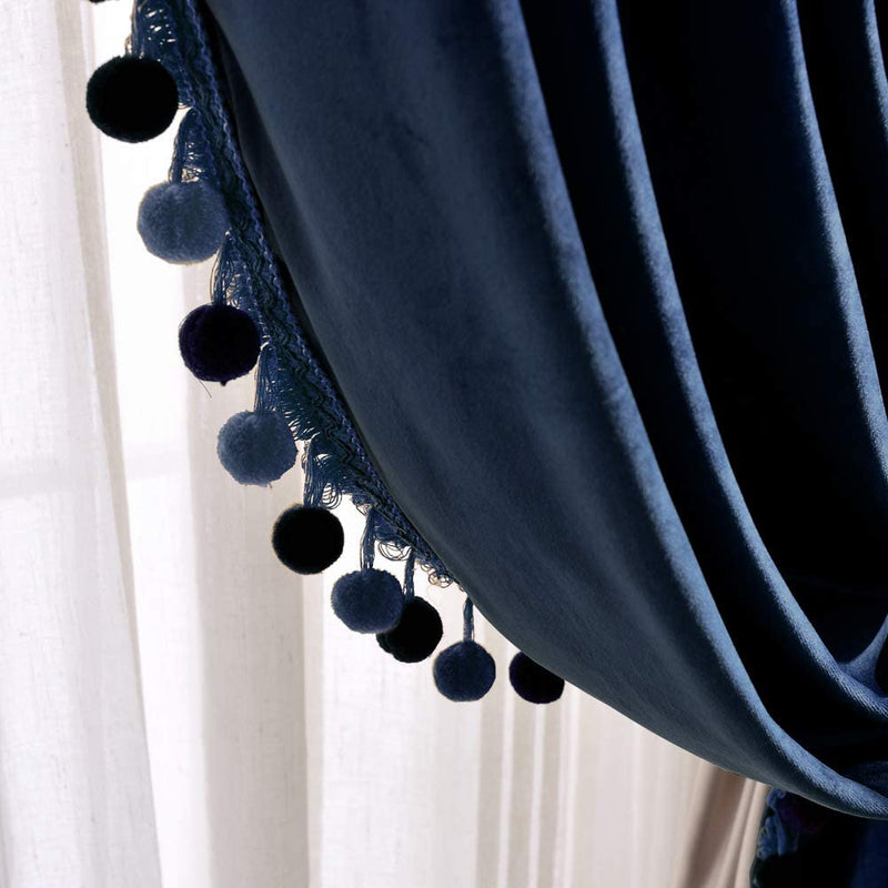 Melodieux Luxury Pom Poms Velvet Curtains for Bedroom Living Room Thermal Insulated Rod Pocket Drapes, 52X84 Inch, Royal Blue (1 Pair) Home & Garden > Decor > Window Treatments > Curtains & Drapes Melodieux   