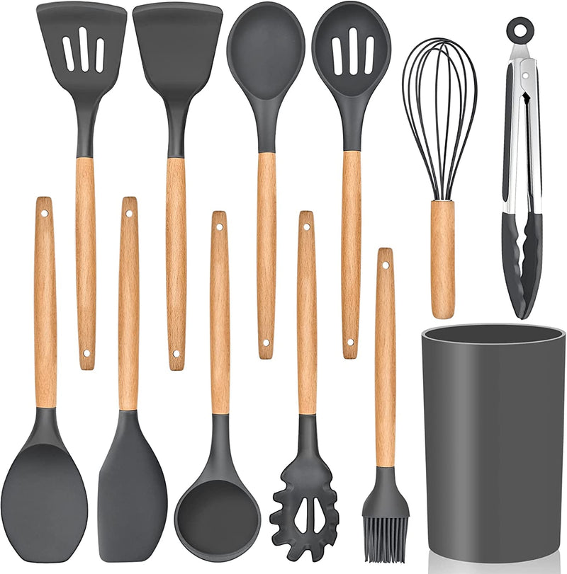 Cooking Utensils Set of 6, E-Far Silicone Kitchen Utensils with Wooden Handle, Non-Stick Cookware Friendly & Heat Resistant, Includes Spatula/Ladle/Slotted Turner/Serving Spoon/Spaghetti Server(Black) Home & Garden > Kitchen & Dining > Kitchen Tools & Utensils E-far Dark Gray 12 