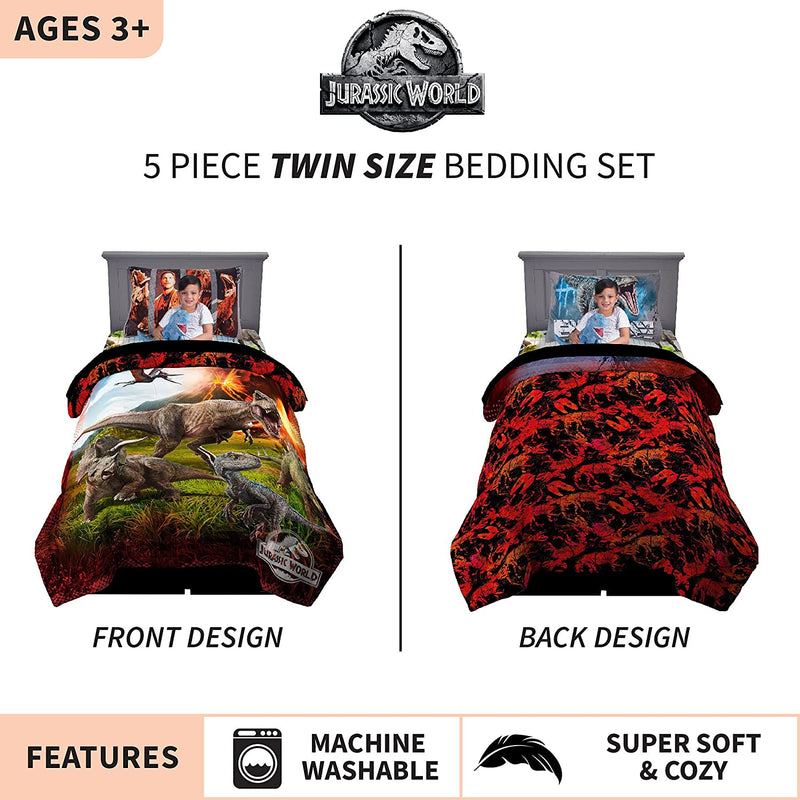 Franco Kids Bedding Comforter with Sheets and Cuddle Pillow Bedroom Set, (5 Piece) Twin Size, Jurassic World Home & Garden > Linens & Bedding > Bedding Franco Manufacturing   