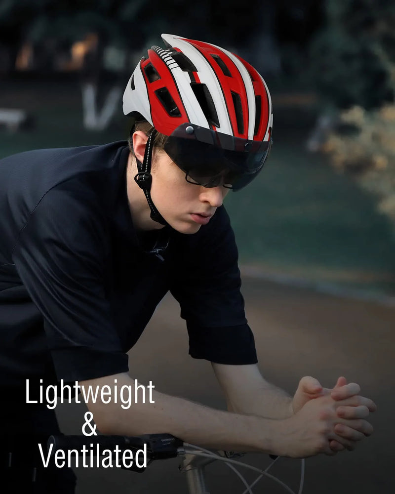 FUNWICT Adult Bike Helmet for Men Women with Led Light Detachable Magnetic Goggles Visor Mountain & Road Bicycle Helmet Breathable Lightweight Cycling Helmet