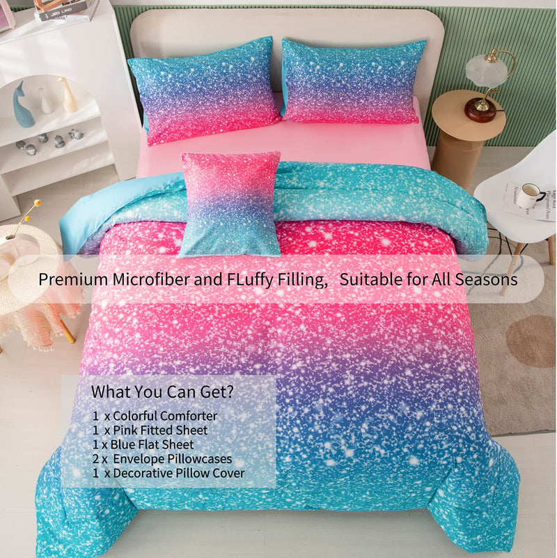 RYNGHIPY 6Pcs Gradient Glitter Bedding Set for Girls Twin Size, Colorful Rainbow All-Season Comforter Set, Ultra Soft Bedding Collections Home & Garden > Linens & Bedding > Bedding RYNGHIPY   