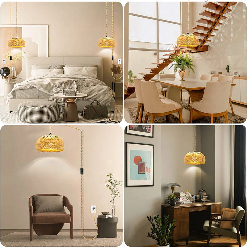 Plug in Pendant Light, 3 Color Bulb Pendant Light Fixtures, Hanging Light with 15 Ft Hemp Rope Cord On/Off Switch, Bamboo Lamp Shade Wicker Rattan Hanging Lights Fixture for Bedroom, Kitchen Island Home & Garden > Lighting > Lighting Fixtures Beser·Win   