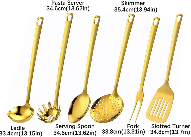 DISHWASHER SAFE Utensil Set, Marco Almond® Golden Titanium Utensils Sets, Stainless Steel Kitchen Cooking Spoons, Ladle Skimmer & Spatula Utensil Sets,6Pcs Frying & Grilling Cookware Tools Home & Garden > Kitchen & Dining > Kitchen Tools & Utensils Marco Almond   