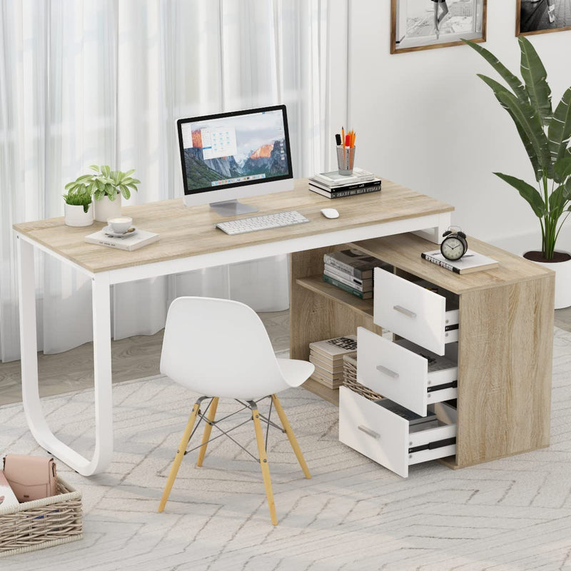 FUFU&GAGA 55.1" Large L-Shaped Office Desk with 41.3" File Cabinet, Corner Computer Desk with 3 Drawers & 2 Shelves, Workstation Executive Desk with Storage Shelf for Home Office - Beige Home & Garden > Household Supplies > Storage & Organization FUFU&GAGA   