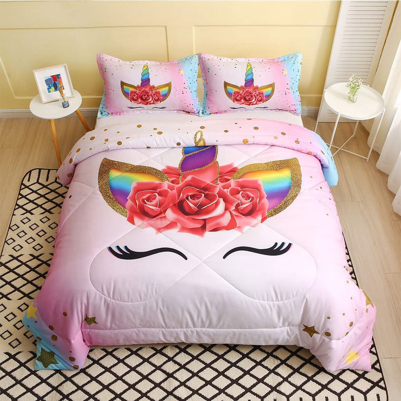 SIRDO Girls Unicorn Bedding Set 3 Piece Rainbow Comforter Set for Teen Girls Adults with Sparkle Stars Soft Bedding Sets Machine Washable, Pink, Twin Home & Garden > Linens & Bedding > Bedding SIRDO   