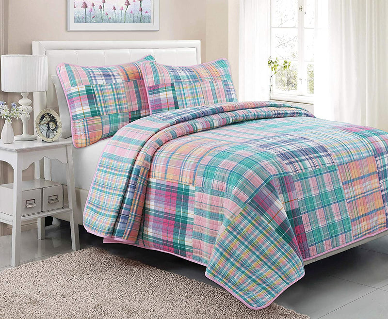 Cozy Line Home Fashions 100% Cotton Real Patchwork Pink Blue Green Reversible Quilt Bedding Set, Bedspread, Coverlet (Pink Plaid, Twin - 2 Piece) Home & Garden > Linens & Bedding > Bedding Cozy Line Home Fashions Pink Plaid Queen - 3 Piece 