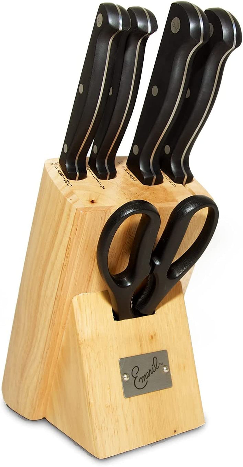Emeril Lagasse 6-Piece Knife Block Set (Natural) + Tungsten Carbide Knife Sharpener with Suction Pad (Red) - Emeril Cutlery Set with Stamped Blades - Perfect Kitchen Knives for Produce & Sandwiches Home & Garden > Kitchen & Dining > Kitchen Tools & Utensils > Kitchen Knives Emeril Block  