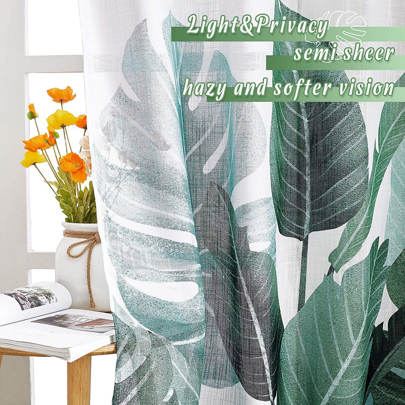 KGORGE Sheer Curtains 84 Inch Length - Crossweave Semi Sheer Curtains Tropical Leaves Pattern Half Translucent Window Drapes for Bedroom Living Room French Door, 2 Panels, W 50 X L 84 Home & Garden > Decor > Window Treatments > Curtains & Drapes KGORGE   
