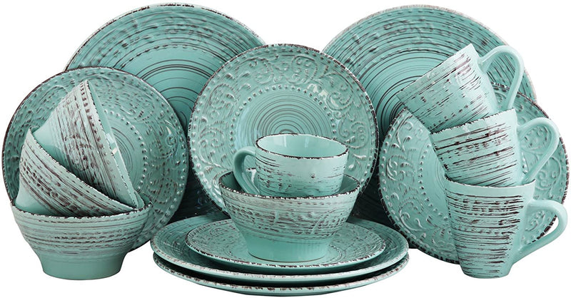 Elama Embossed Stoneware Ocean Dinnerware Dish Set, 16 Piece, Turquoise Home & Garden > Kitchen & Dining > Tableware > Dinnerware Elama   