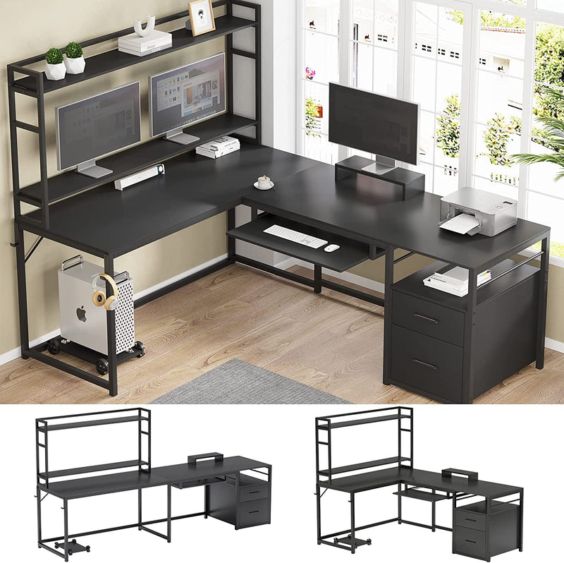 SEDETA L Shaped Desk with File Drawers and Hutch, 94.4 Inches Two Person Desk, Corner Computer Desk with Keyboard Tray, Monitor Stand, Storage Shelves for Home Office, Gaming Desk, Black Home & Garden > Household Supplies > Storage & Organization SEDETA   