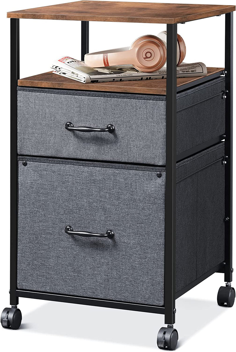 DEVAISE 2 Drawer Mobile File Cabinet, Rolling Printer Stand with Open Storage Shelf, Fabric Vertical Filing Cabinet Fits A4 or Letter Size for Home Office, Dark Grey Home & Garden > Household Supplies > Storage & Organization DEVAISE Rustic Brown  