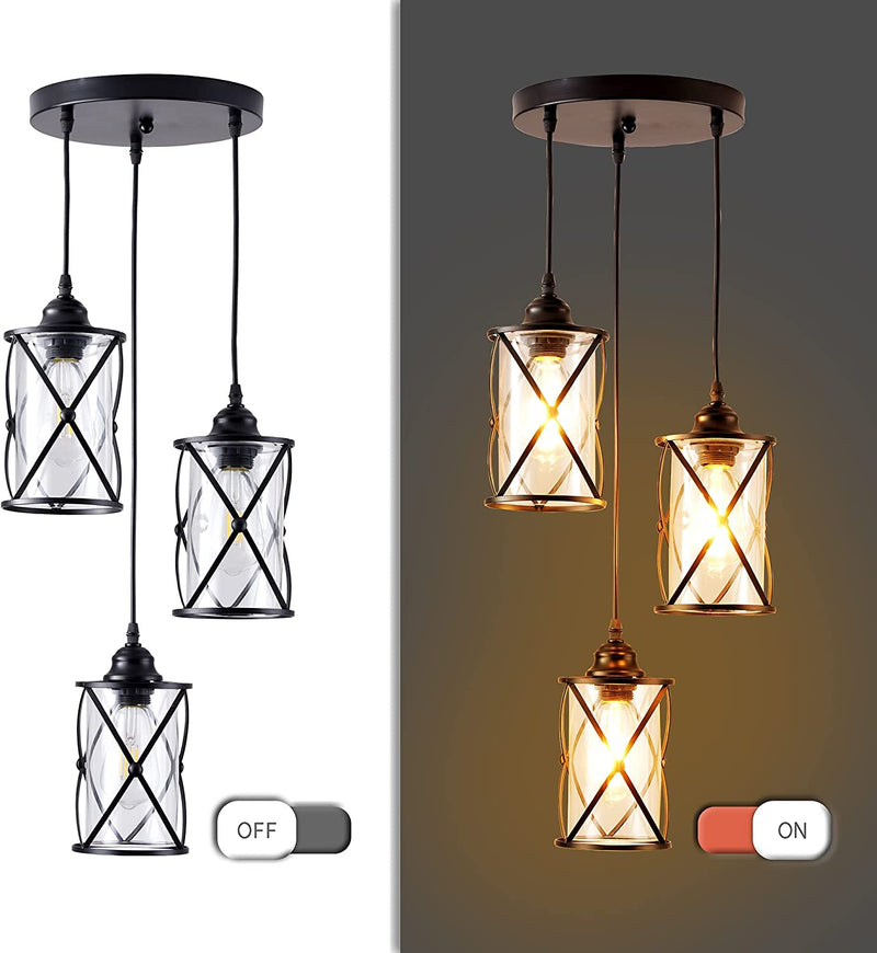 Dumaiway Industrial Pendant Light, 3-Light Metal Cage Rustic Hanging Pedant Lights Fixture Ceiling with Glass Shade for Kitchen Island, Dining Room, Cafe, Farmhouse, Foyer (Black E26 Base) Home & Garden > Lighting > Lighting Fixtures DuMaiWay   