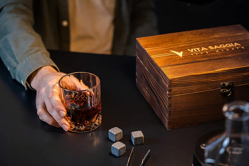 Luxury Whiskey Glass Set of 2, Gift Set in Wooden Box, Includes 8 Whiskey Ice Stones, Velvet Bag and Stainless Steel Tongs. Great Gift for Men, Dad, Christmas. (10 Oz Glass W/ Coasters)