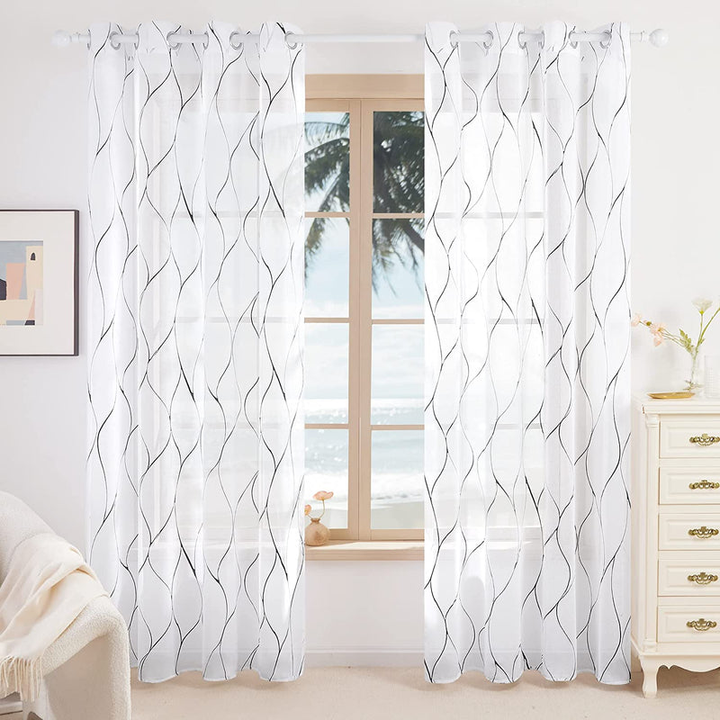 Deconovo Grommet Top, Black Foil Printed, Wave Pattern, Semi Sheer Curtains - Linen Look, Voile Draperies for Living Room (52X84 In, White, 2 Panels) Home & Garden > Decor > Window Treatments > Curtains & Drapes Deconovo   