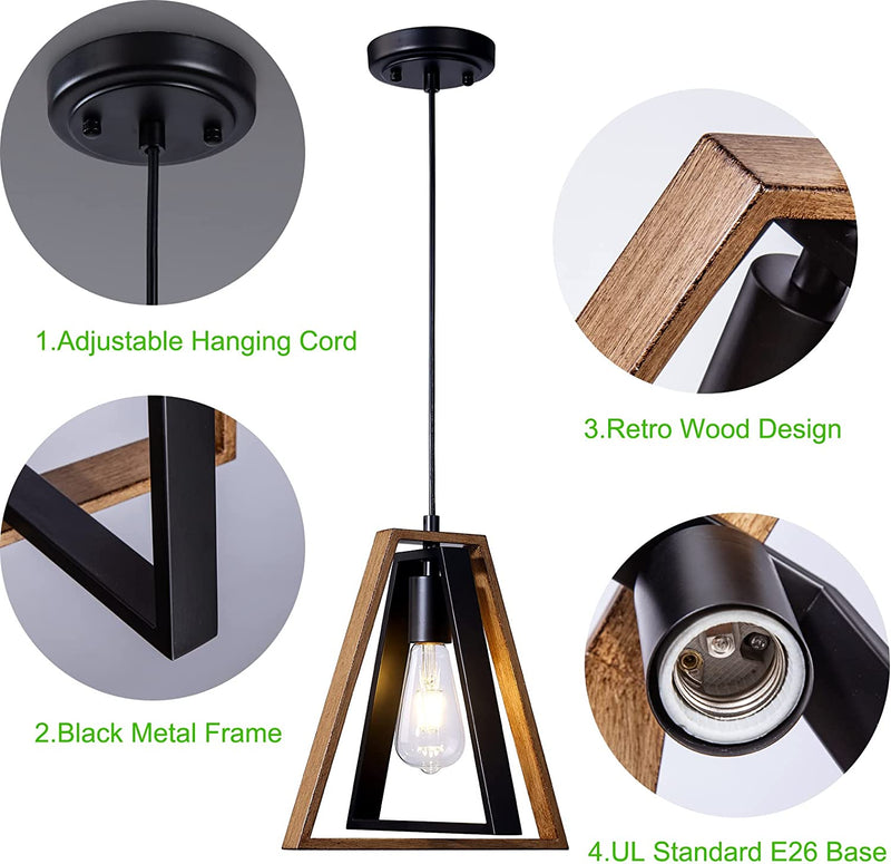 1-Light Adjustable Pendant Light, Farmhouse Pendant Lighting for Kitchen Island, Black and Wood Painted Rustic Hanging Light Fixtures for Dining Room, Hallway, Entryway, Bar, Porch, Cafe