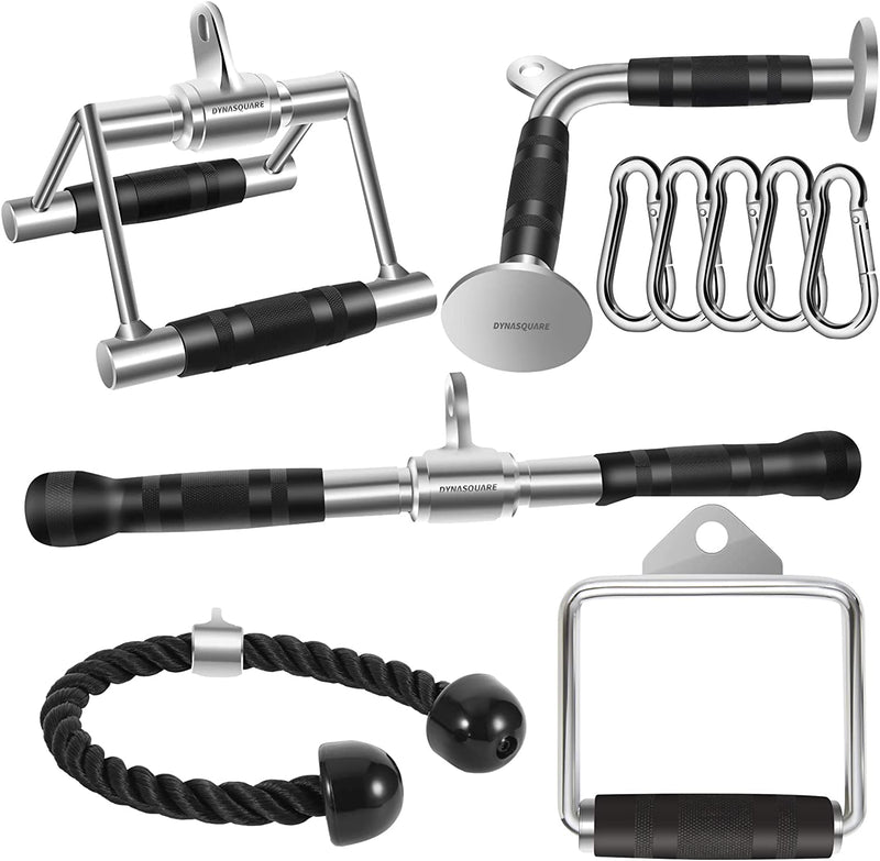 DYNASQUARE Tricep Press down Cable Machine Attachment, LAT Pulldown Attachments, Home Gym Accessories, Double D Handle, V-Shaped Bar, Tricep Rope, Pull down Straight Bar Sporting Goods > Outdoor Recreation > Winter Sports & Activities DYNASQUARE V Handle + Double D Handle + Tricep Rope + Rotating Bar + D Handle  