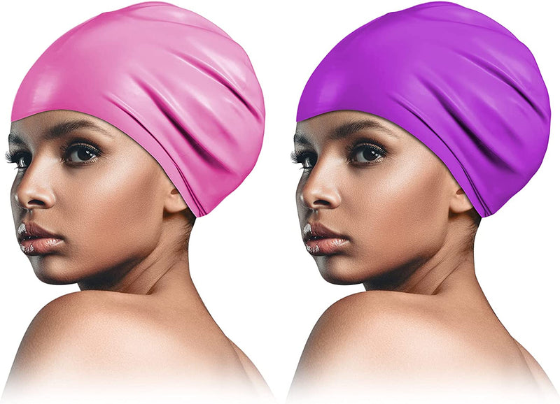 2 Piece Long Hair Swimming Cap for Man and Woman Silicone Swimming Cap Waterproof for Dreadlocks, Braids, Curls Sporting Goods > Outdoor Recreation > Boating & Water Sports > Swimming > Swim Caps Syhood Pink, Purple  