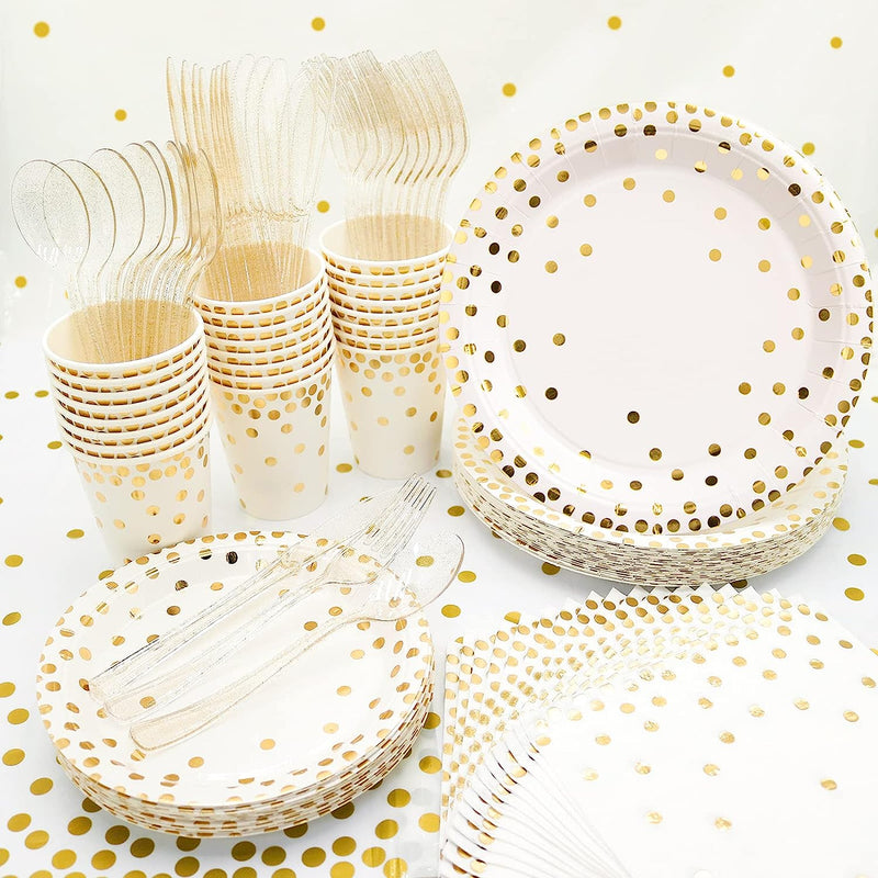 Hapray 201PCS Disposable Paper Plates Gold Party Supplies, Golden Polka Dots Birthday and Baptism Decorations, Include Plates and Cups, Napkins, Plastic Tablecloth, for Baby Shower Wedding