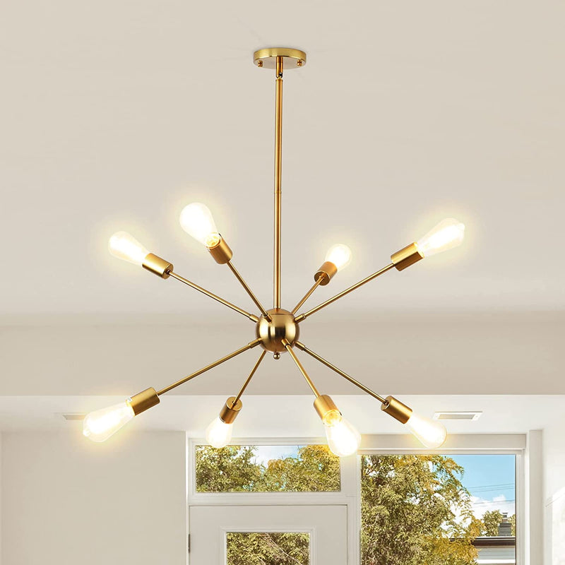 HOXIYA Dimmable 26.3" Modern Plug in Sputnik Chandelier with Cord, Brushed Brass 8-Lights Pendant Light Fixture, Midcentury Hanging Ceiling Lighting for Foyer, Entryway, Bedroom, Dining Room, Kitchen Home & Garden > Lighting > Lighting Fixtures > Chandeliers HOXIYA Brass 8-Light 