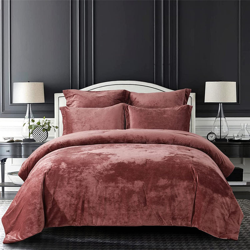 Sunshine Nicole Distressed Velvet Comforter Set, Distressed Velvet Face and Brushed Solid Microfiber Reverse, with Light Weight Soft Poly Fill, 5 Pieces Restful Green, Queen Home & Garden > Linens & Bedding > Bedding > Quilts & Comforters Sunshine Nicole Dull Red King 