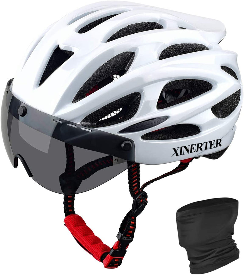 XINERTER Adult Bike Helmet Road Bike Helmet Cycling Mask Detachable Magnetic Goggles Visor Replacement Lining Removable Bicycle Helmets for Men and Women Adjustable Size 22-24 In. Sporting Goods > Outdoor Recreation > Cycling > Cycling Apparel & Accessories > Bicycle Helmets LXC White+mask  