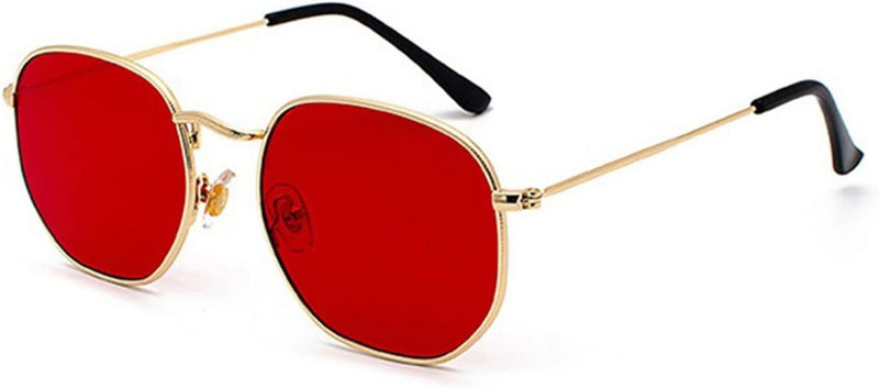 PJRYC Men Women Sunglasses Square Polygon Sun Glasses Retro Shades Metal Frame Eyewear (Lenses Color : C05 Gold Red) Sporting Goods > Outdoor Recreation > Cycling > Cycling Apparel & Accessories PJRYC   